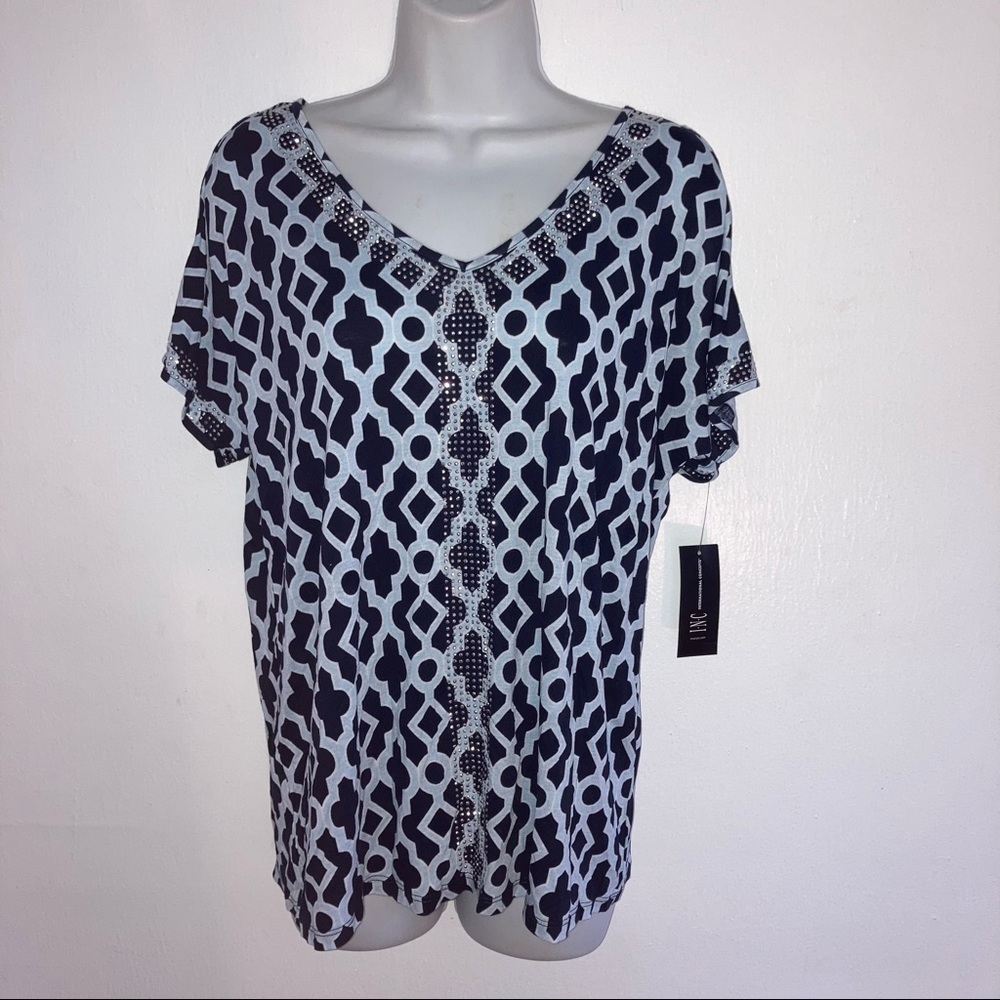 NWT Inc Cold Shoulder V neck Stretch Knit Short Sleeve Silver Stud Top Navy Blue